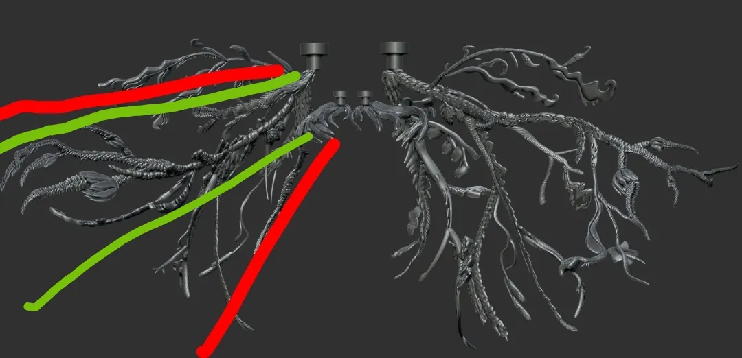 The sculpt with red and green lines drawn over the left side, showing new angles for the longest branches