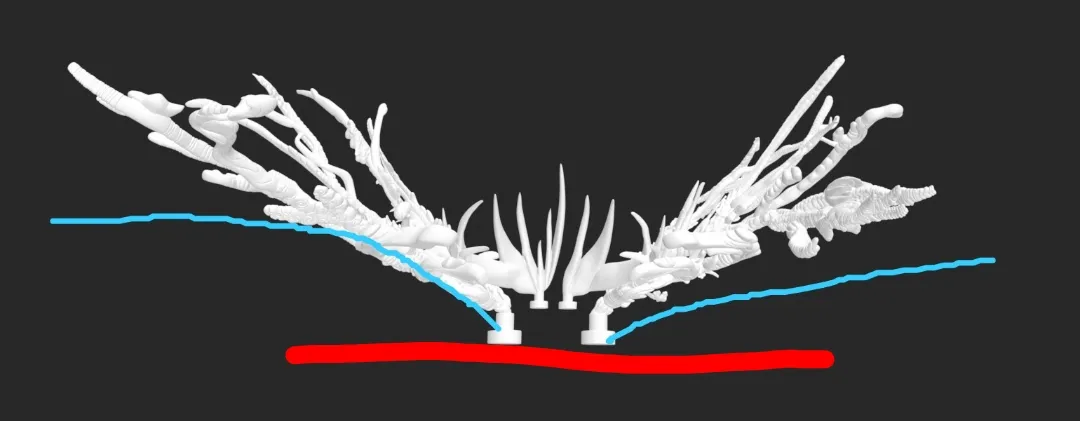 The final sculpt in white seen from above, with a red line along the wall and blue lines tracing how far each side reaches out