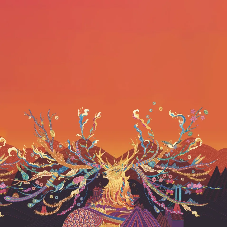 Glenfiddich's Lunar New Year key visual: a stag whose antlers branch out into colourful ribbons, feathers and blooms against an orange sky