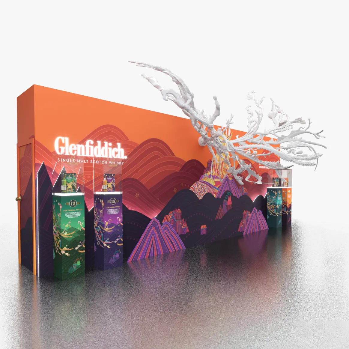 Render of the Glenfiddich backdrop from one side, with the white antlers reaching out from the top of the wall