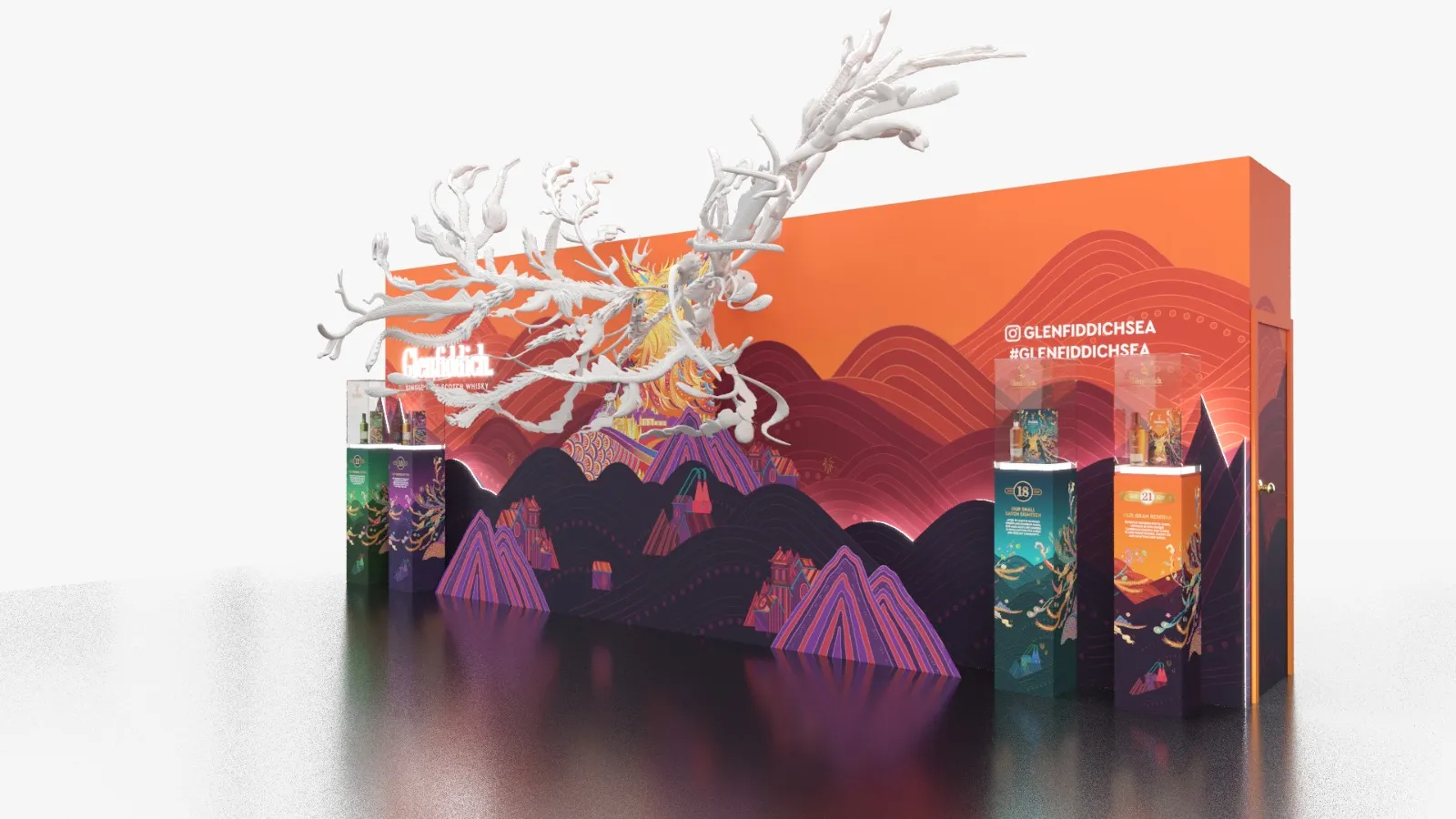Render of the Glenfiddich backdrop from the other side, the white antlers spreading out above the stag