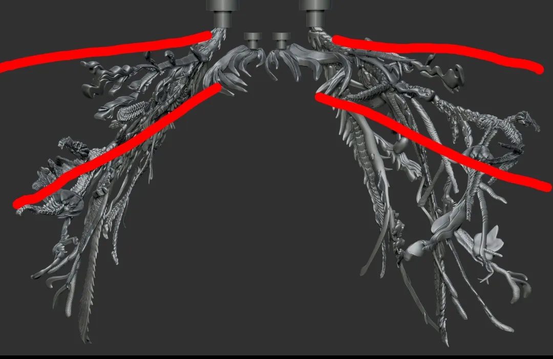 The sculpt seen from the front, red lines drawn along the longest branches on both sides