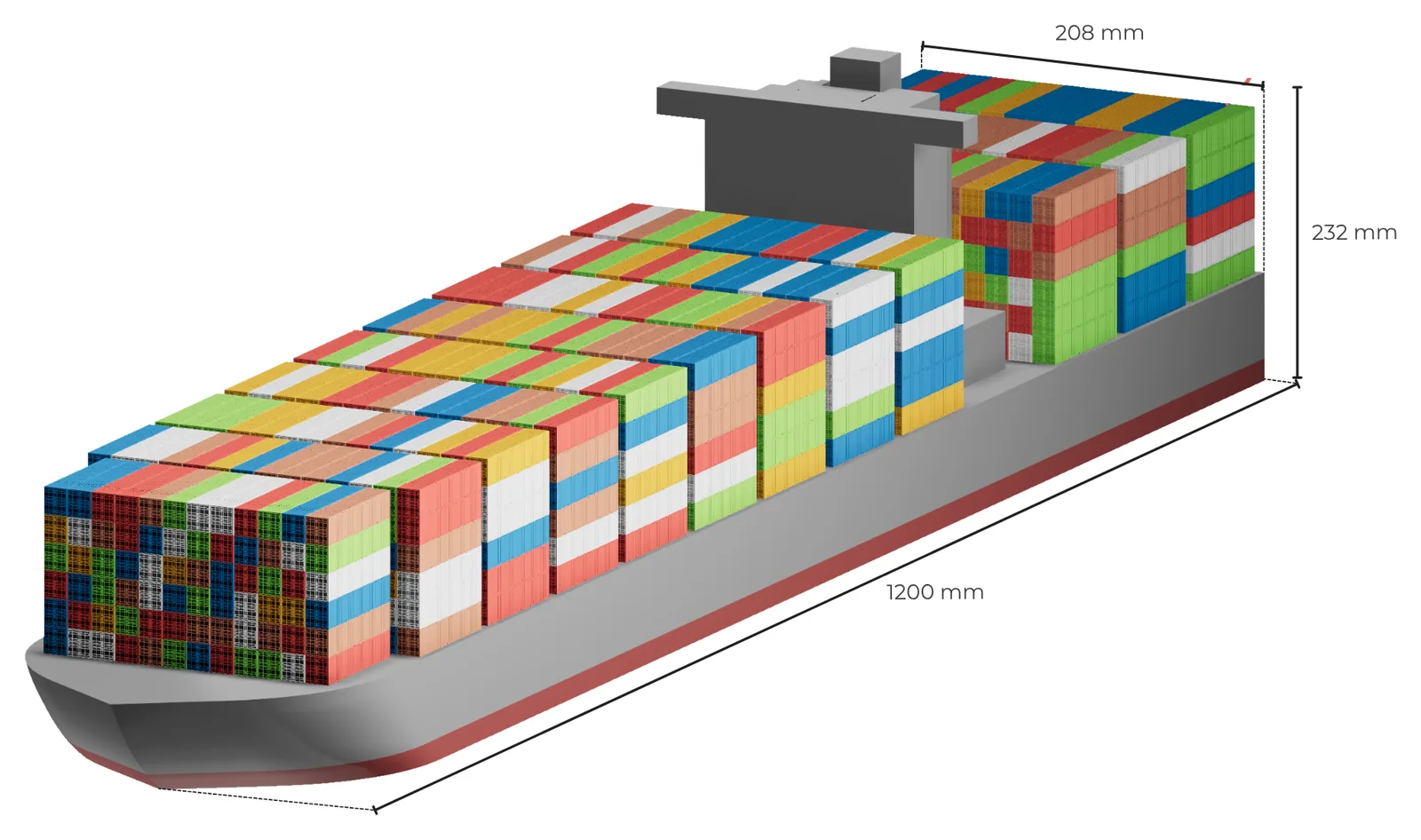 Render of the first design in perspective, with stacks of containers in mixed colours, marked 1200 mm long, 208 mm wide and 232 mm tall
