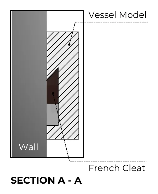 Section drawing through the wall mount, showing the French cleat between the wall and the back of the model