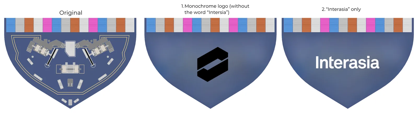 Three versions of the foredeck artwork side by side: the original deck fittings, a monochrome logo mark, and the word Interasia