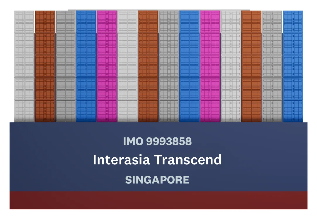 Artwork of the stern with the nameplate IMO 9993858, Interasia Transcend, Singapore under five-high container stacks