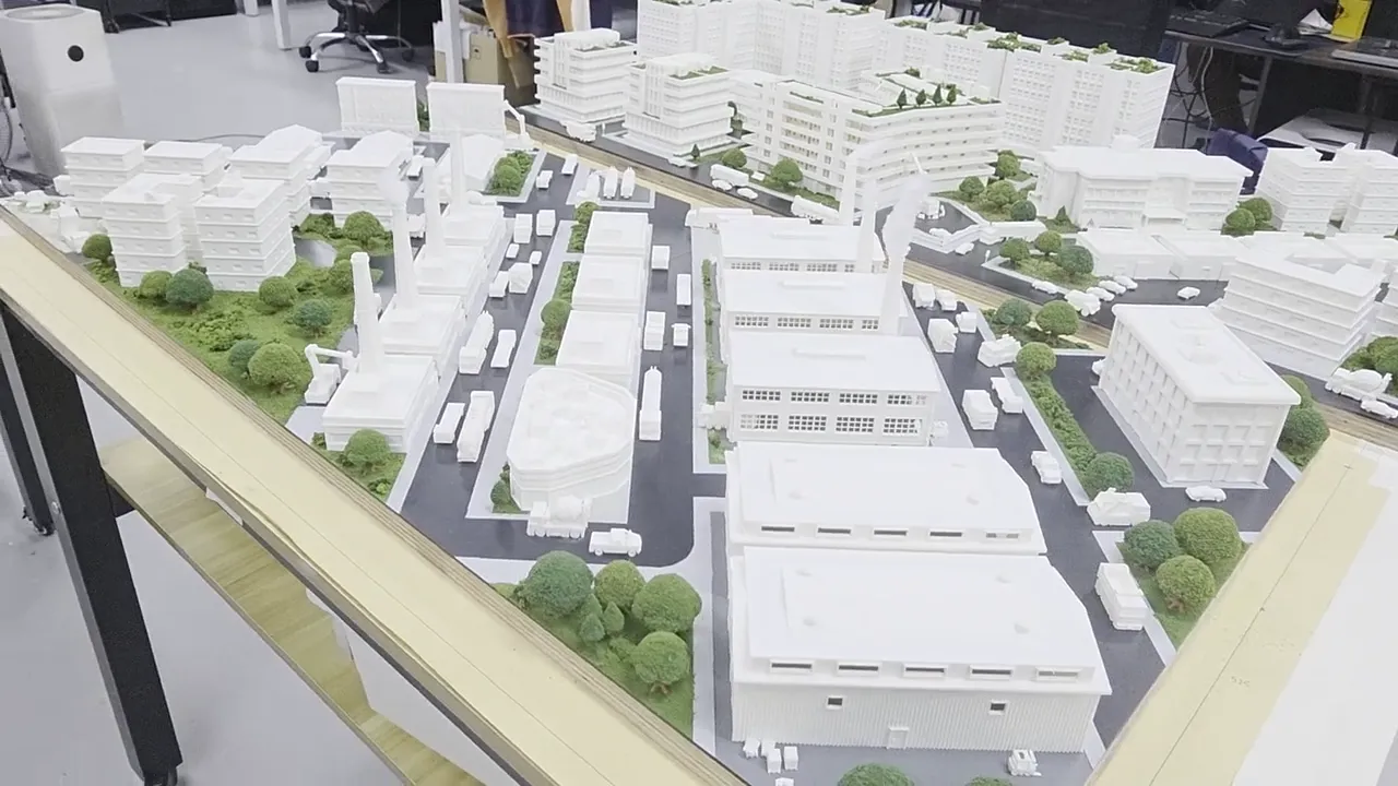 Video moving over the finished model: factories, sheds and trucks on one side, residential blocks with roof gardens on the other