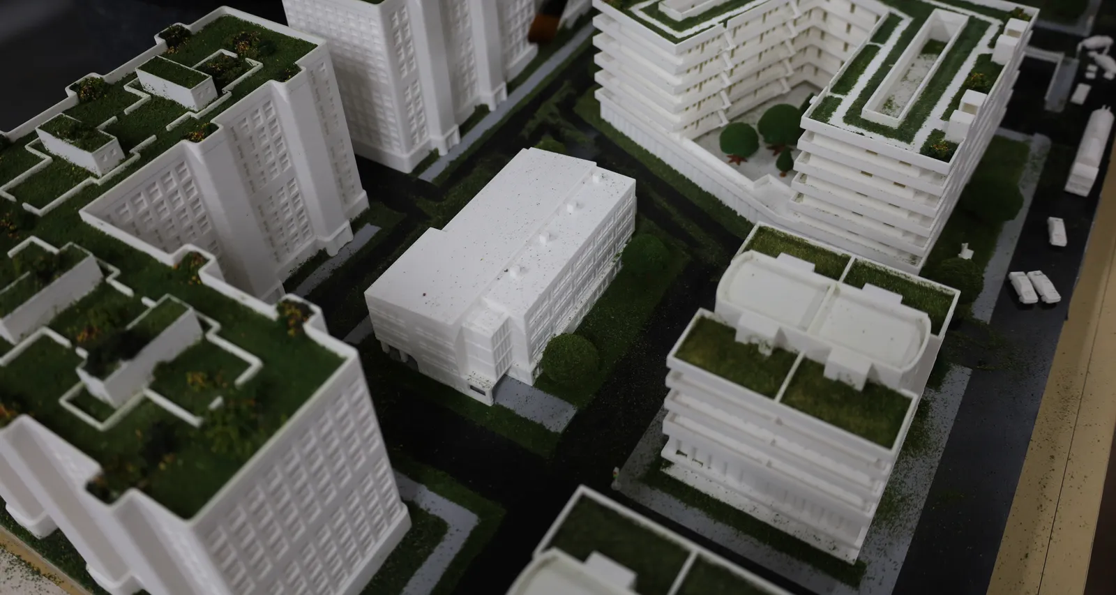 Residential blocks with freshly grassed roofs, loose flecks of green still scattered on the roads between them