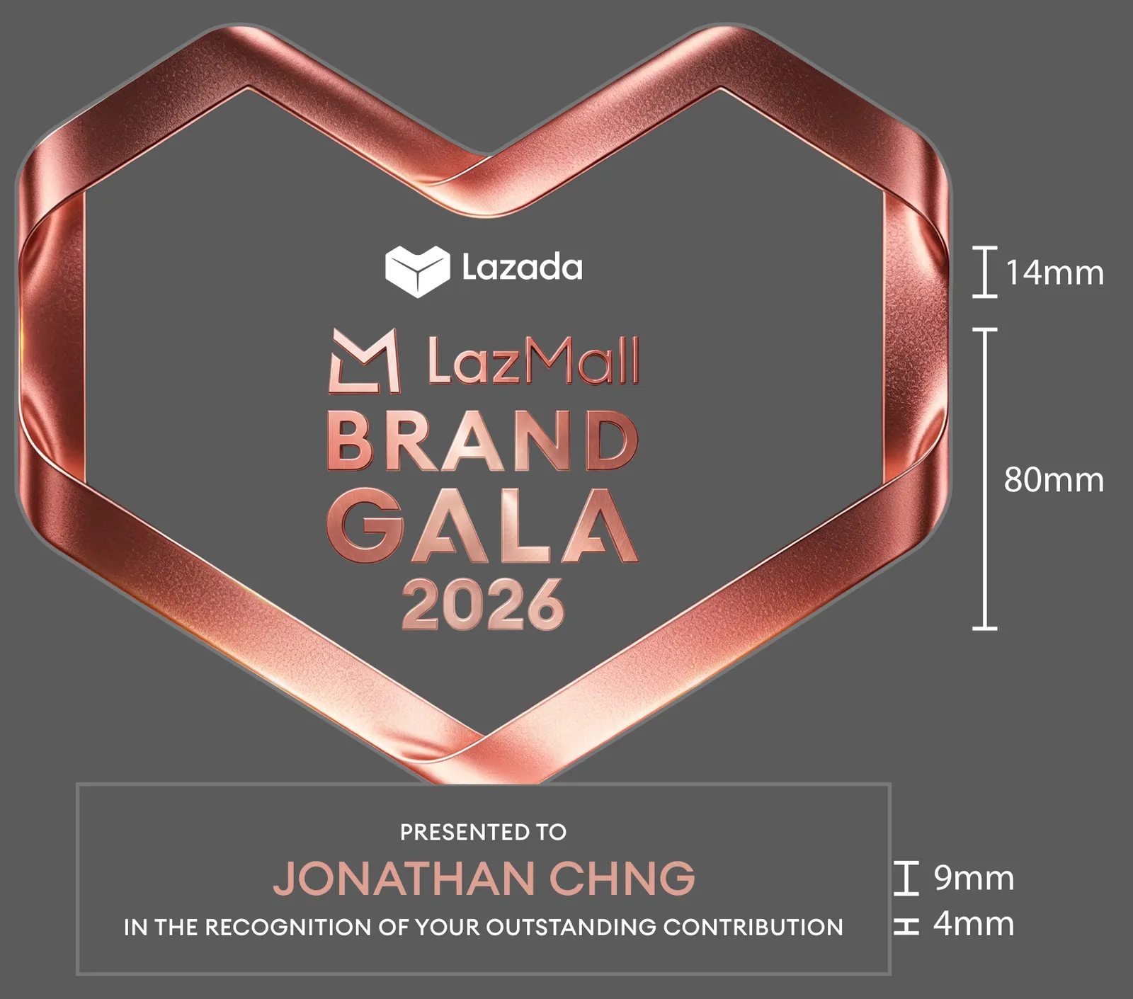 Full-scale render of the heart award with a rose-red ribbon frame, Lazada and LazMall Brand Gala 2026 lettering, and a sample name on the base, marked with lettering heights in millimetres