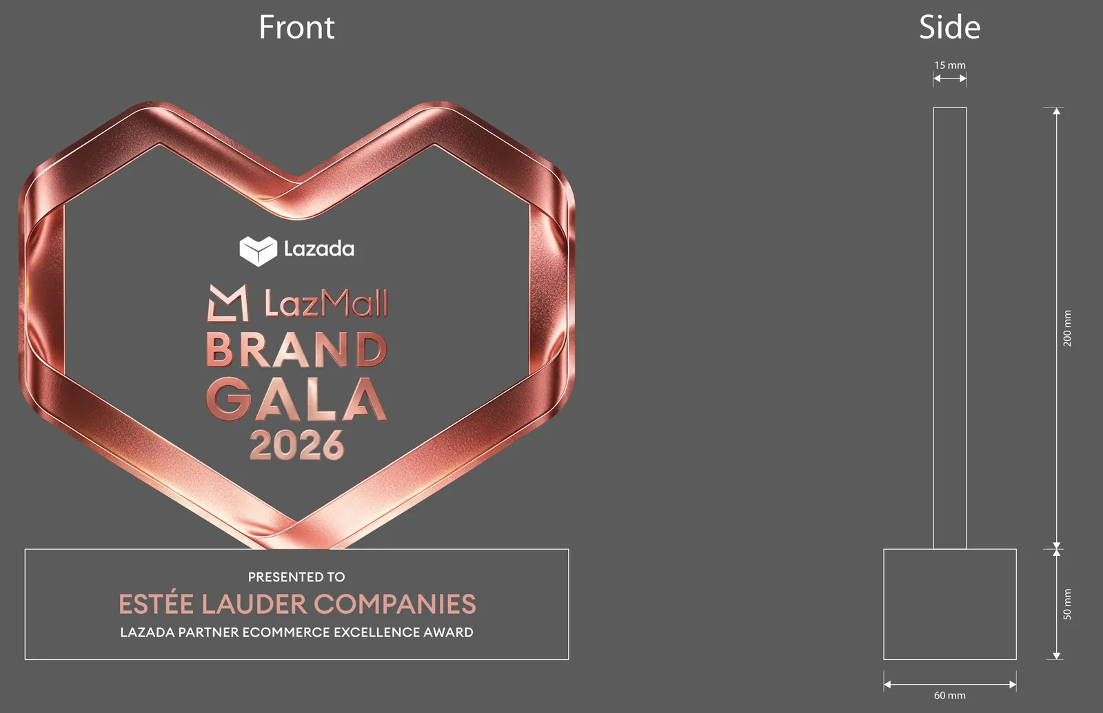 Front view of the heart award beside a side view drawing marked 15 mm thick, 200 mm tall, on a base 60 mm deep and 50 mm tall