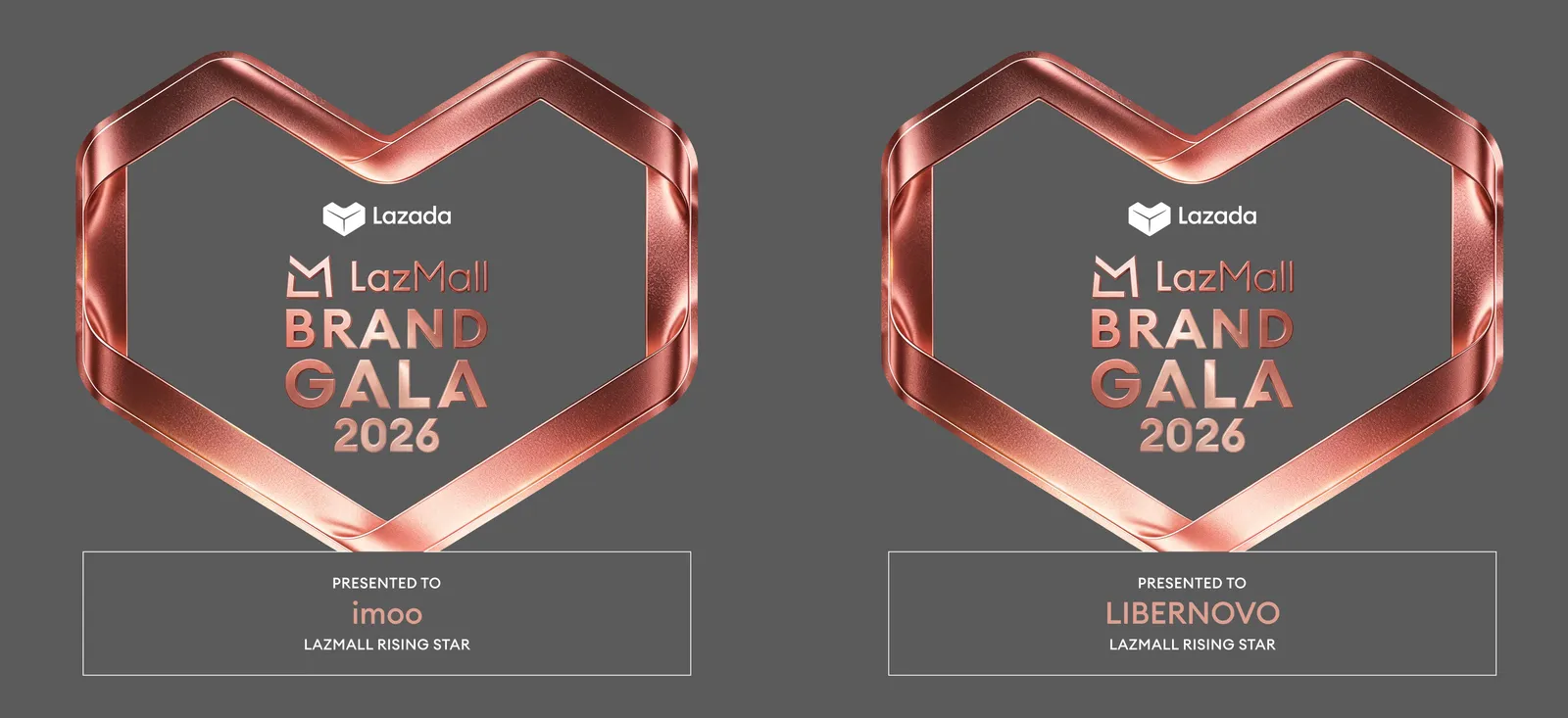 Render of two Design A awards for the LazMall Rising Star category, the gala lettering in the heart and each winner named on the base