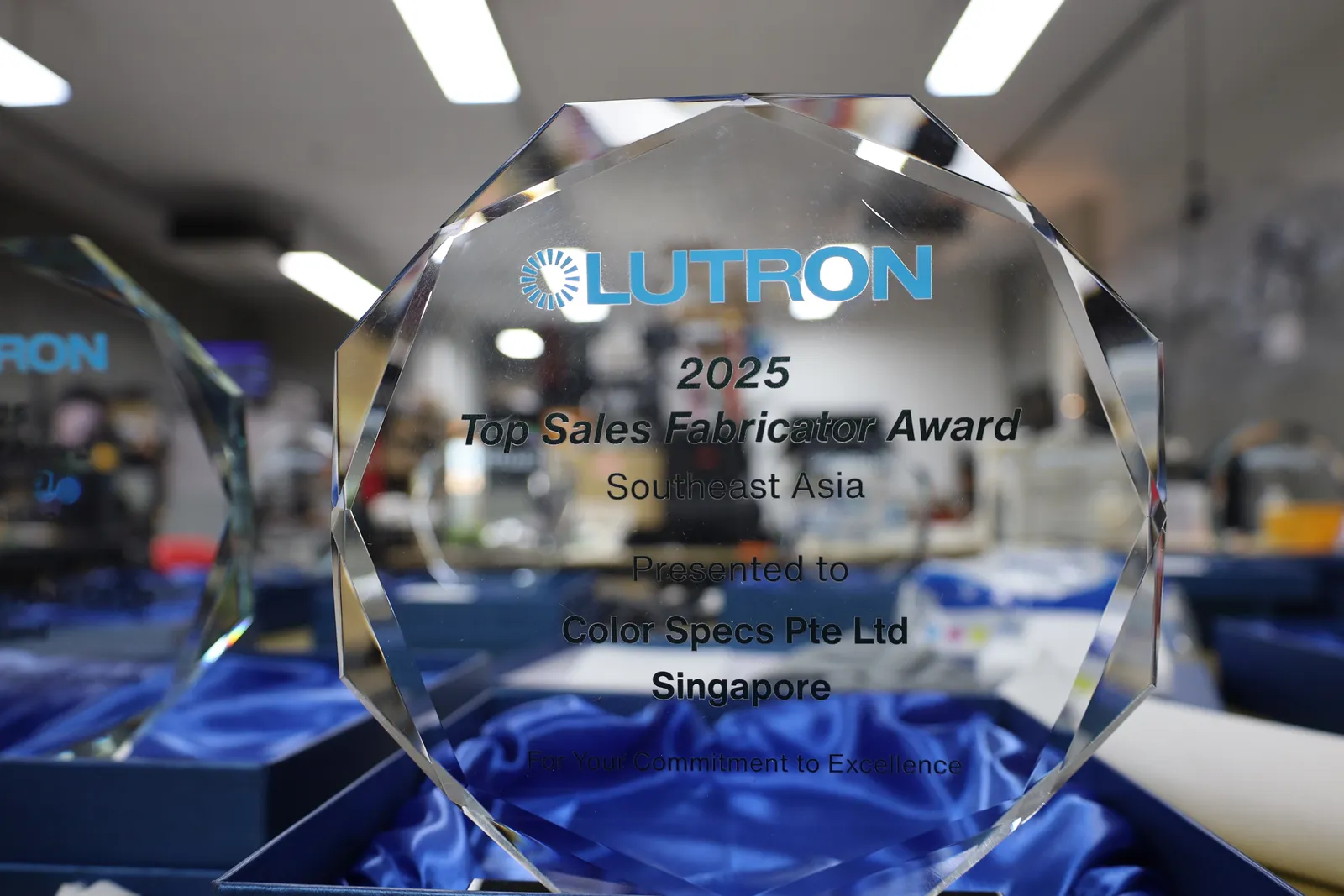A Lutron 2025 Top Sales Fabricator Award, Southeast Asia, presented to Color Specs Pte Ltd, Singapore