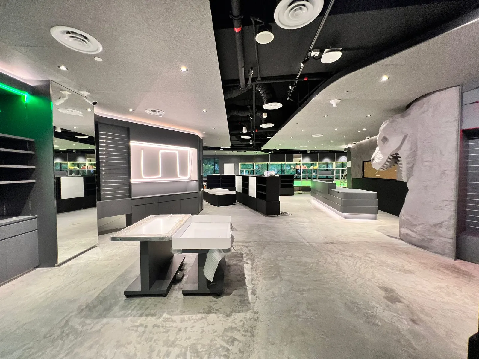 Wide view across the finished interior, the rock-textured pillar and dinosaur head standing at the far right beside the counter