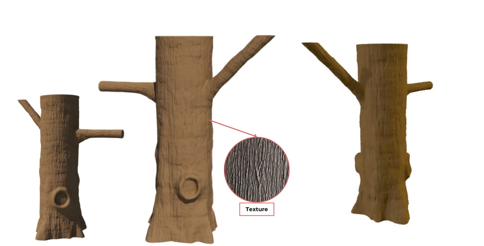 Render of the Zoo School tree trunk from three sides, with two branches, a round hollow and a close-up of the bark texture