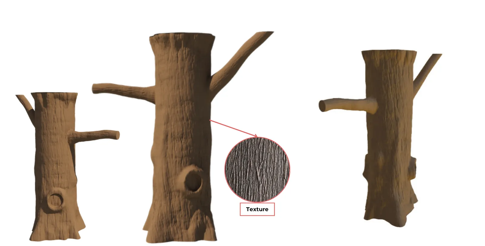 Render of the revised Zoo School trunk from three sides, with a ragged top and a deeper hollow