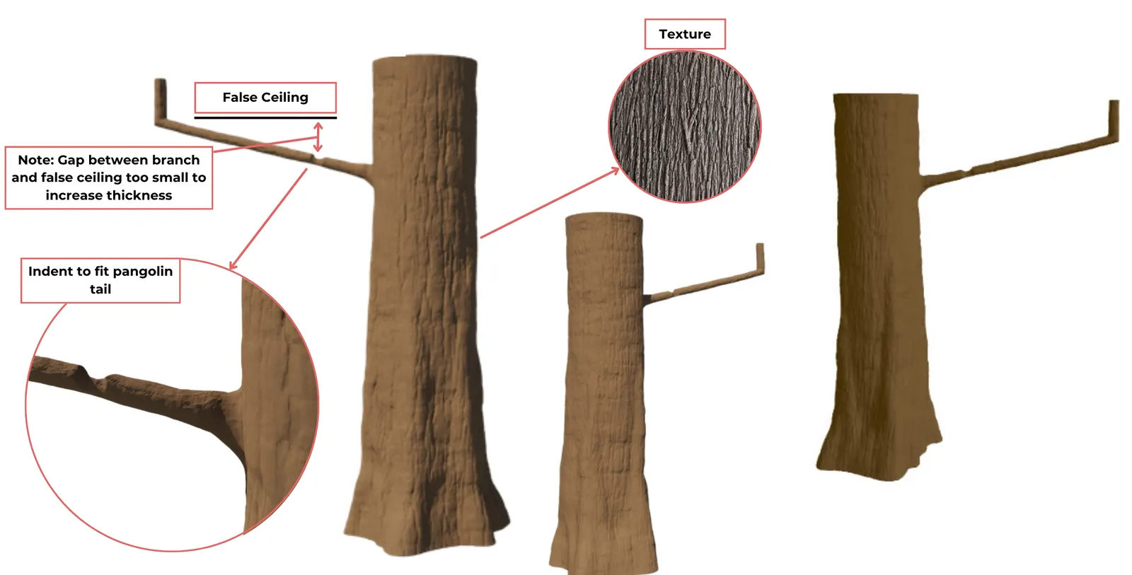 Render of the reception tree with a long branch under the false ceiling, a close-up of the notch for the pangolin's tail and a note that the gap was too small to thicken the branch