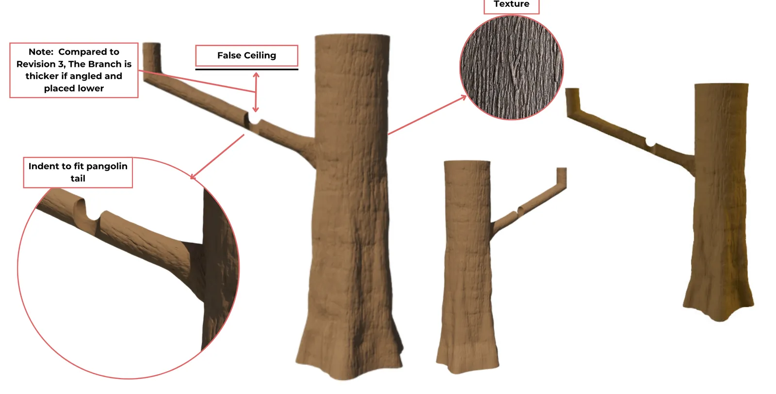 Render of the reception tree with its branch angled and set lower than in revision 3, making room for a thicker branch
