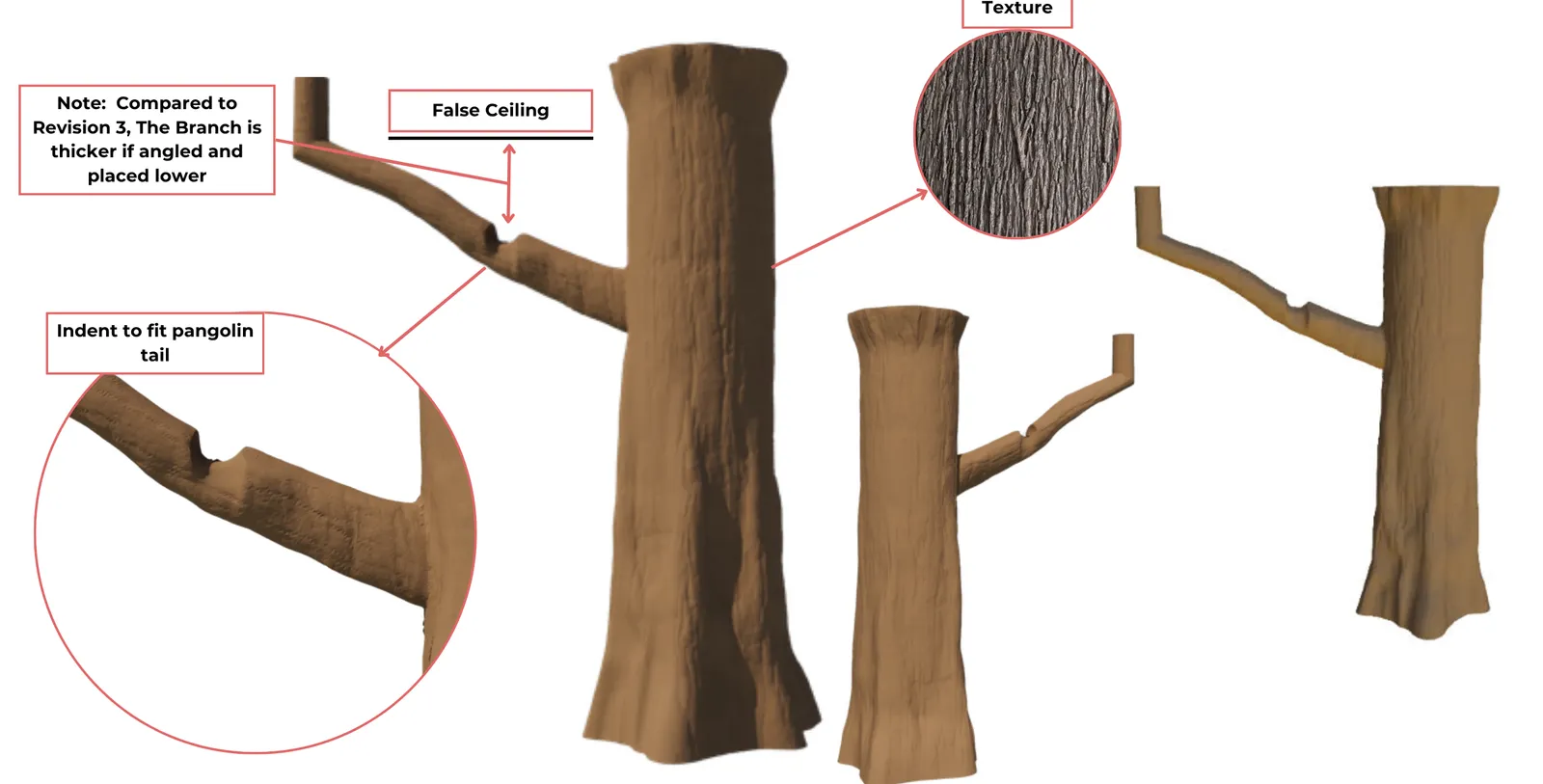Render of the final reception tree, with a flared trunk top and a knotted branch notched for the pangolin's tail