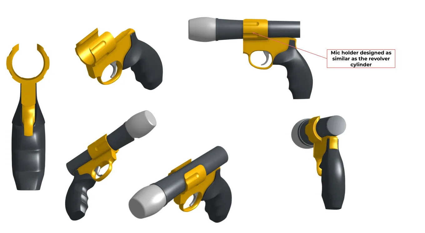 Renders of the first design from six angles: a gold revolver frame and open cylinder ring on a black grip, holding a grey stand-in microphone