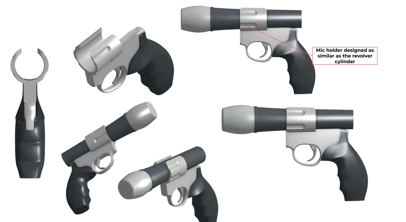 Renders of the final design from six angles: a silver revolver frame and cylinder ring on a black grip, holding a stand-in microphone