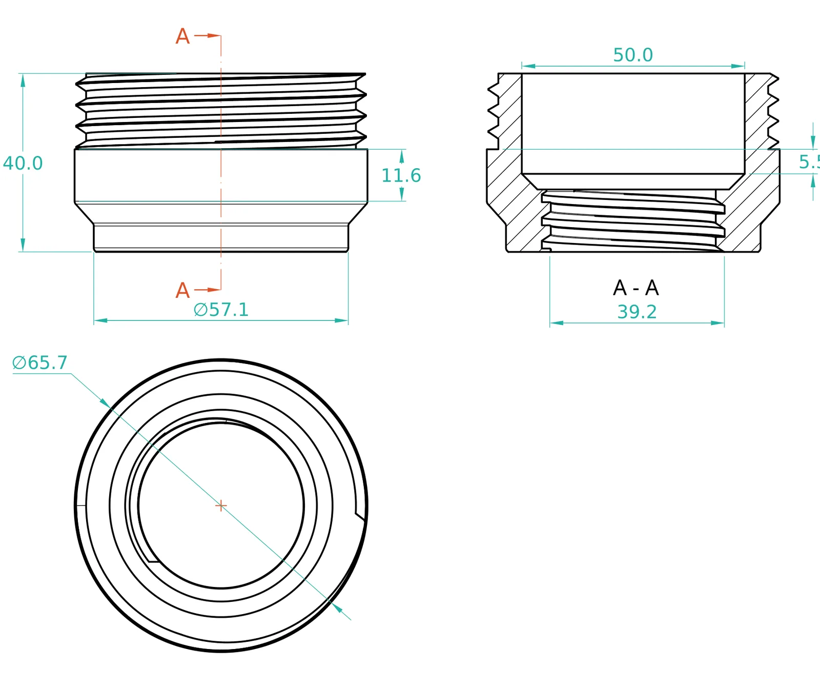 Our drawing of the attachment: an outer thread above a smooth band, an inner thread below, 40 mm tall and 65.7 mm across, with a cross-section