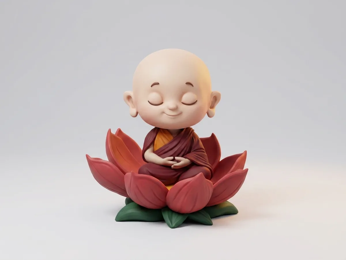 AI-generated character artwork of a Mini Me monk figurine on a red lotus, the design you approve before printing