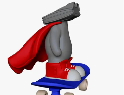 Render of a Minimilian figure in a red cape and red shoes standing on a blue skateboard with cream wheels