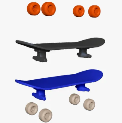 Render of two skateboard options, a black deck with orange wheels and a blue deck with cream wheels, wheels shown apart