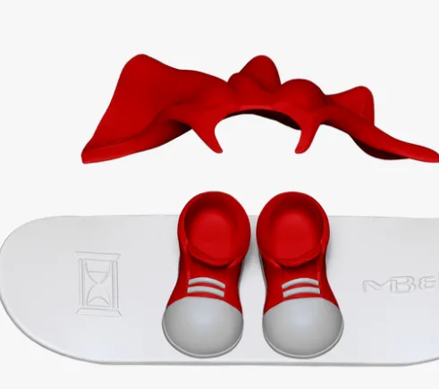 Top view render of a red cape above a pair of red shoes on a white skateboard, the hour glass icon and MB&F logo debossed either side