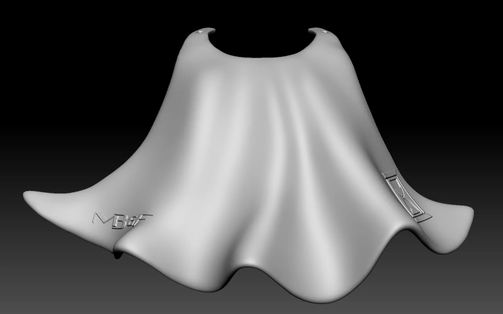 Grey render of the thinner cape from behind, with the MB&F logo and the hour glass icon on its lower edges