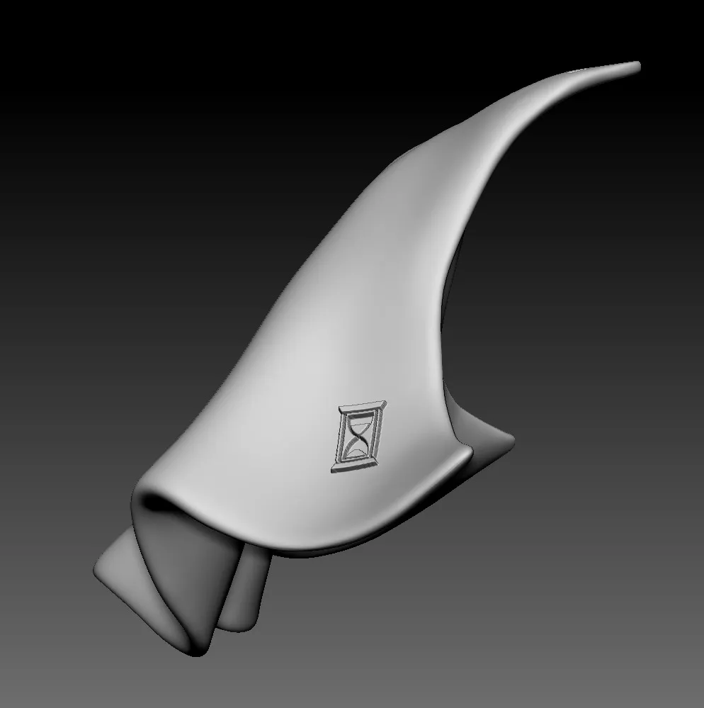 Grey render of the cape's side showing the debossed hour glass icon at 8 mm high