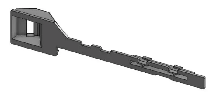 Grey CAD render of the latch arm: the square catch with its opening, the notched arm and the slotted rails near the tip