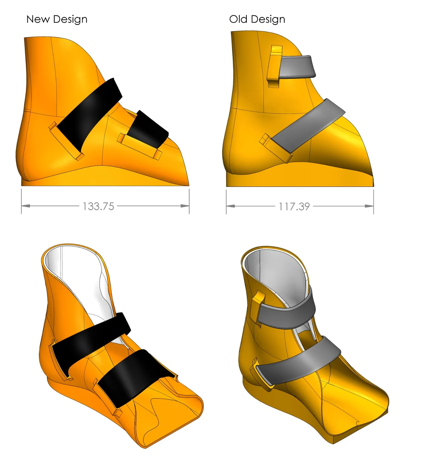 Render comparing the designs: the revised model, 133.75 mm long with two broad, lower straps, beside the first at 117.39 mm