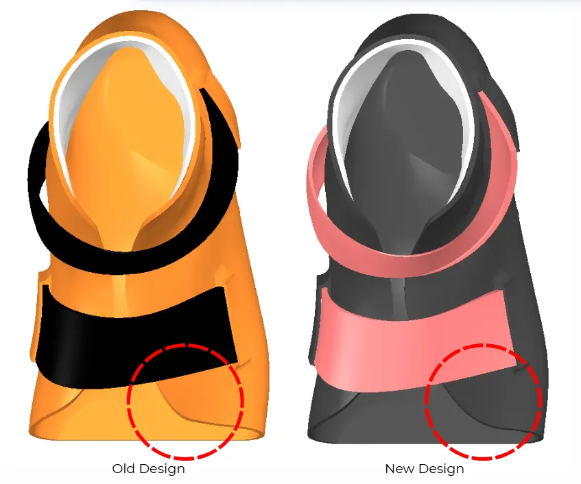 Render, top view: the old design beside the new one, with the toe corner smoothed in the last revision circled