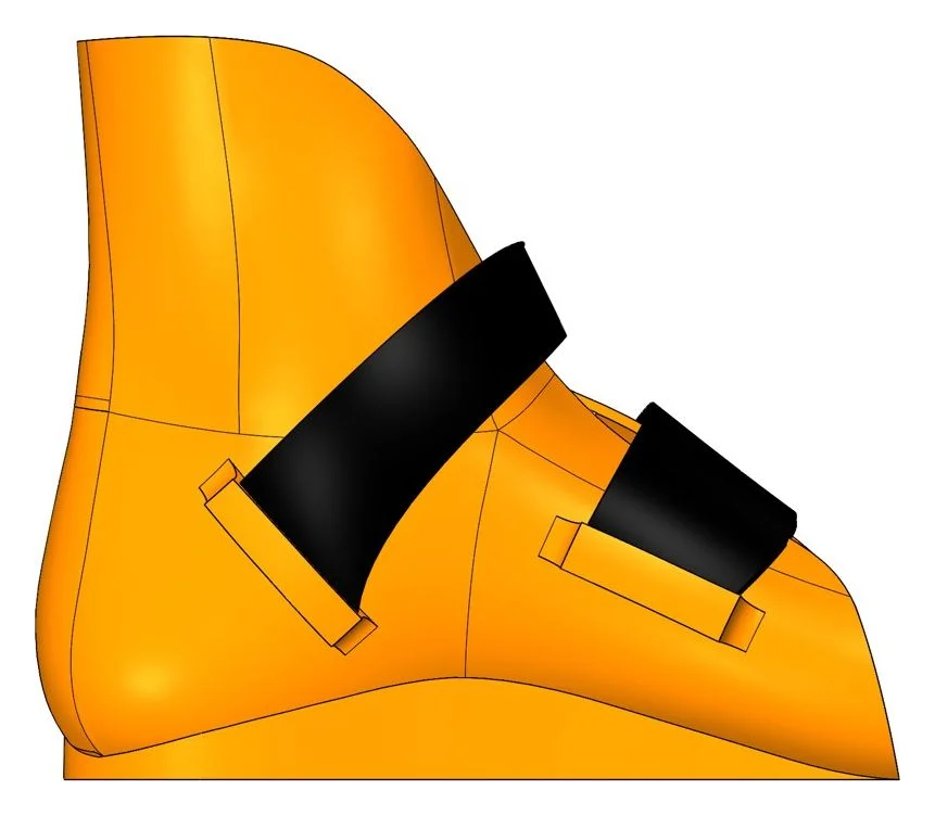 Render of the brace from the side, close up, showing the two broad straps passing through slots in the shell