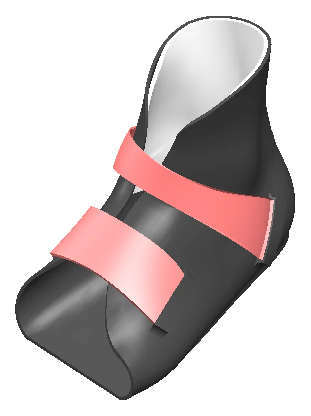 Render of the approved Rev 3 design at an angle: a dark grey shell with two pink straps and rounded corners