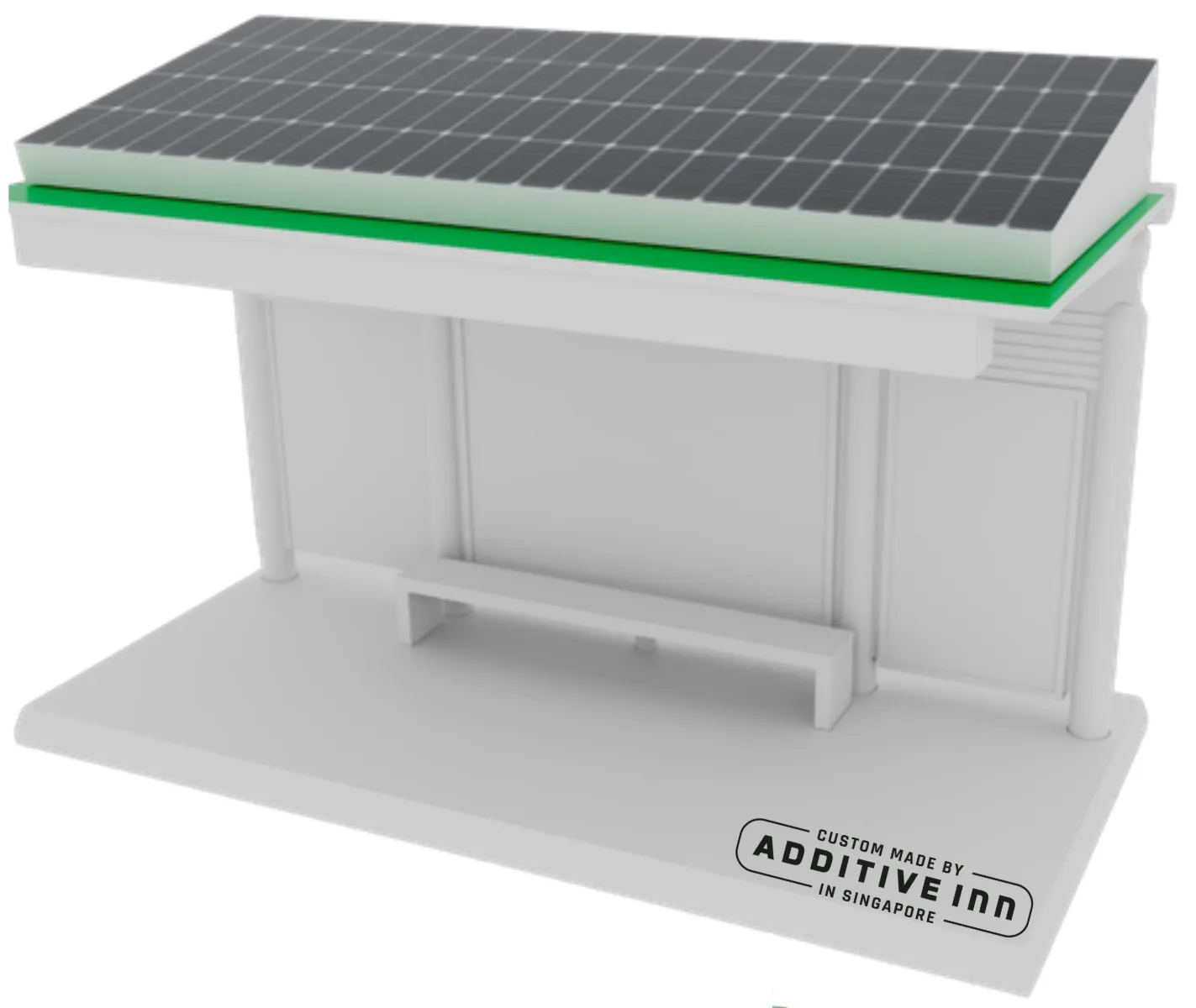 3D render of the bus stop from the front: a solar panel roof on a green roof, panelled walls, a bench and a base with the studio plate