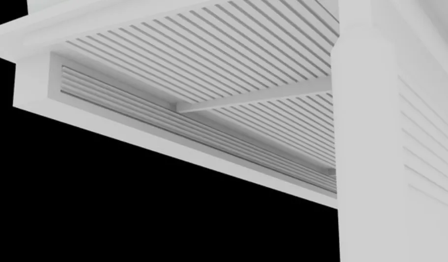 Close-up render from below the roof edge, showing the slatted box ventilator hanging under the roof