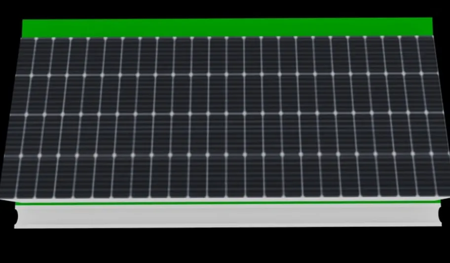 Render of the roof block with its solar panel texture, the green roof behind it and the gutter along the lower edge