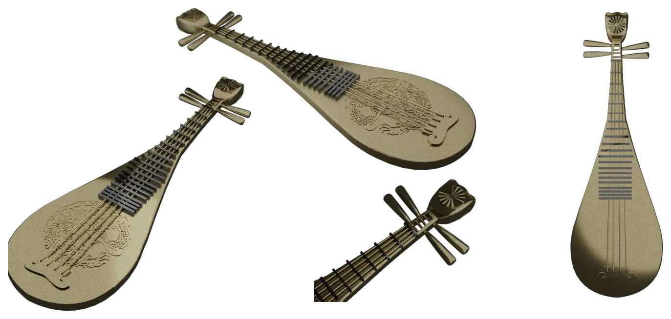 First renders of the pipa model in a pale gold with grey frets, seen at an angle, close on the pegbox and front on