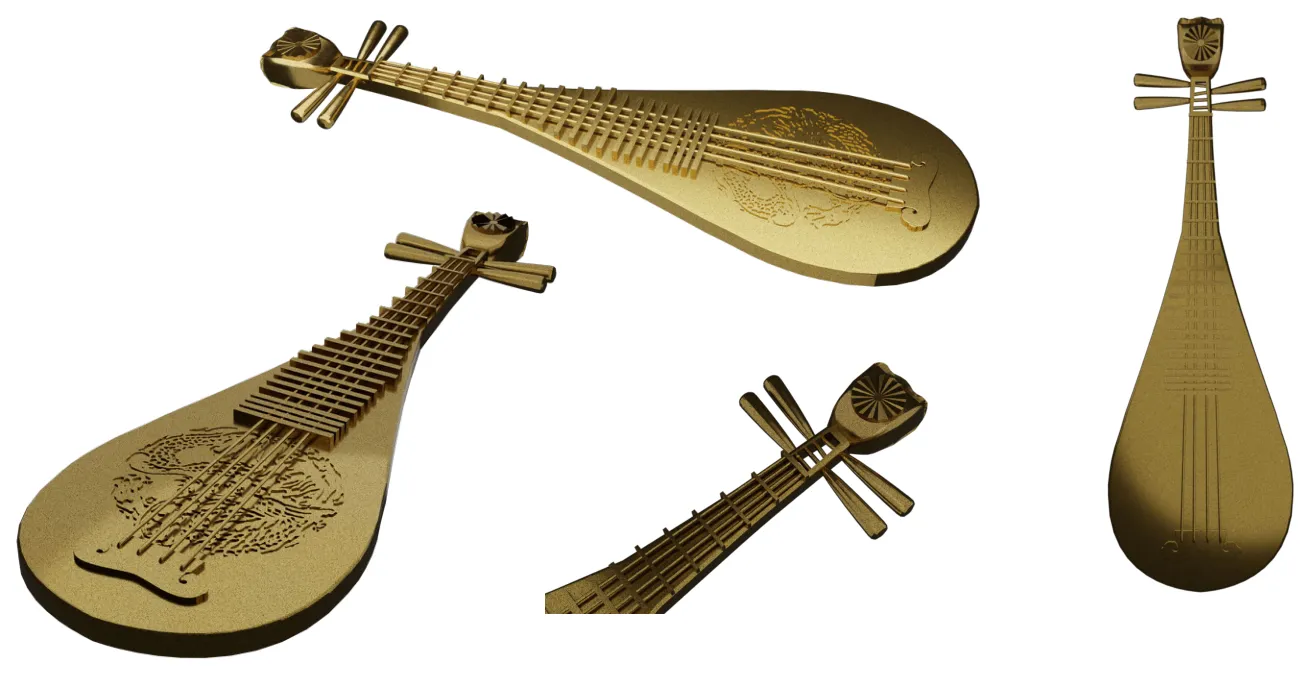 Renders of the pipa in a deep, even gold, frets and strings the same colour as the body