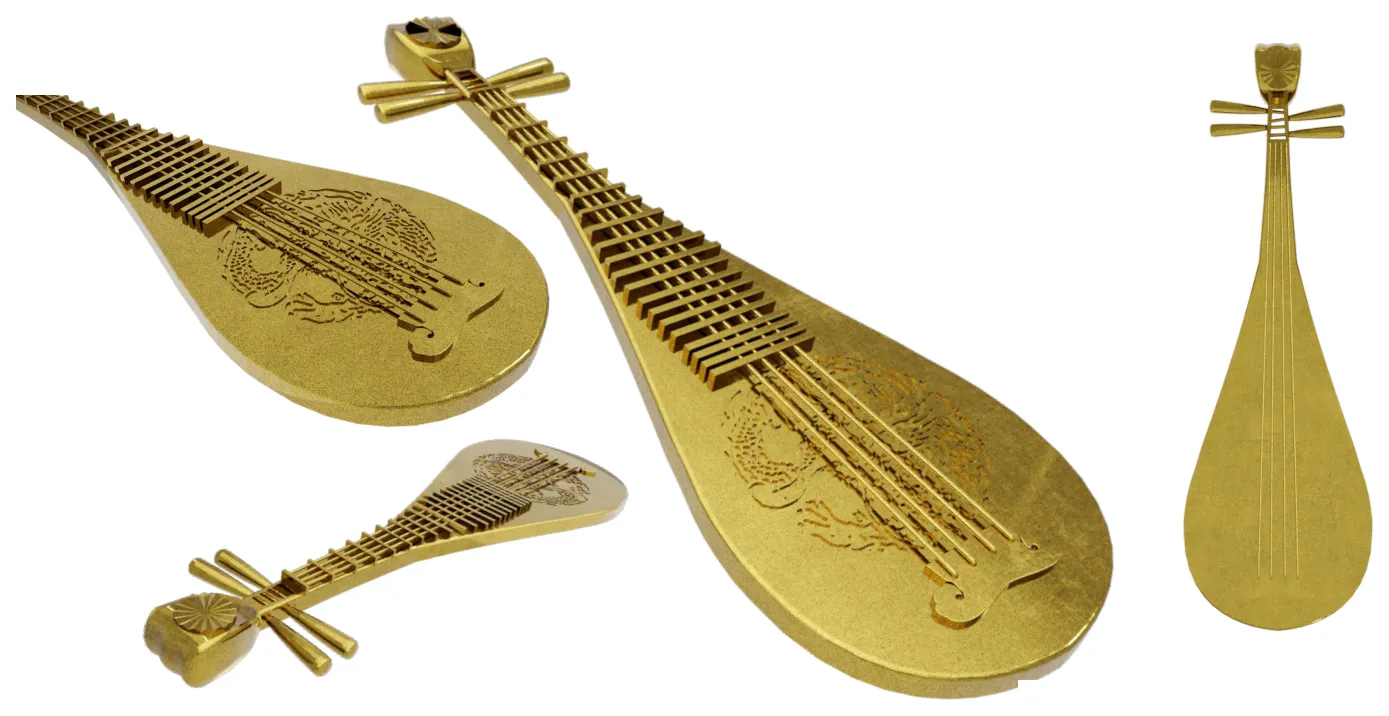 Close renders of the pipa in a bright gold, showing the raised frets, the strings and the engraved roundel on the body
