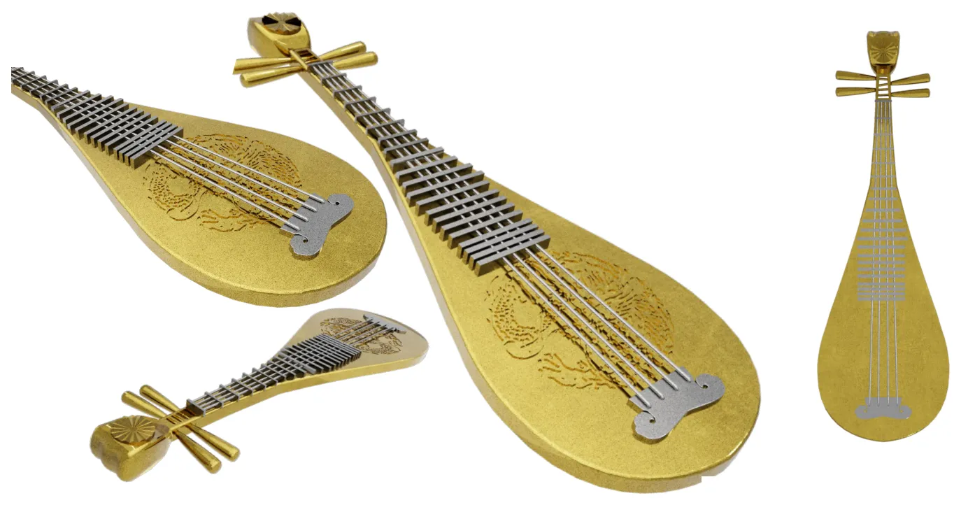 Renders of the pipa with a gold body and silver frets, strings and bridge
