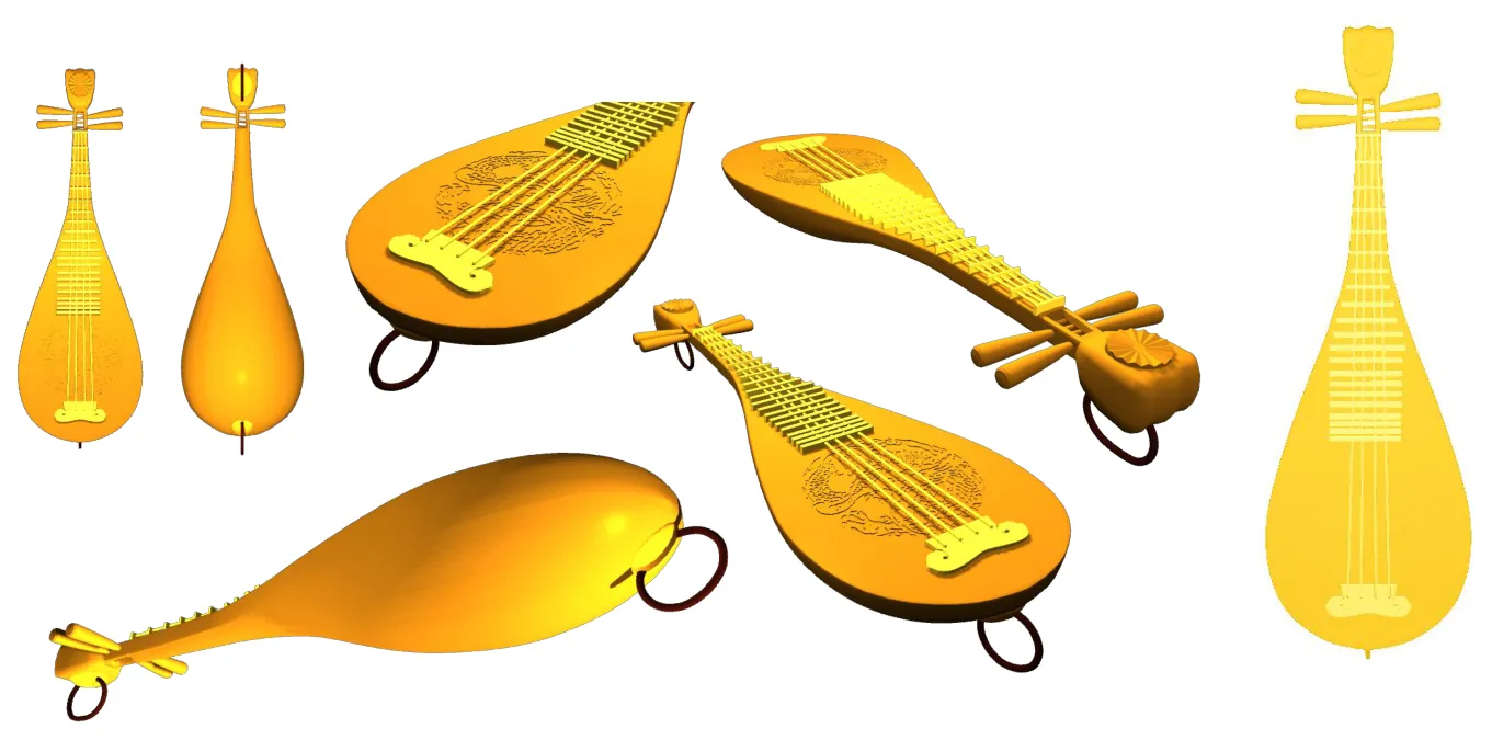 Final model views of the pipa in plain gold: front, back, both ends and the rounded back at an angle