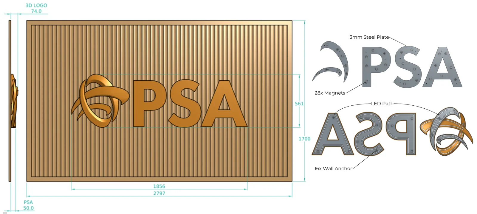 Final design drawing: the sign on the wall panel with its depths, 74 mm for the logo and 50 mm for the letters, and the back