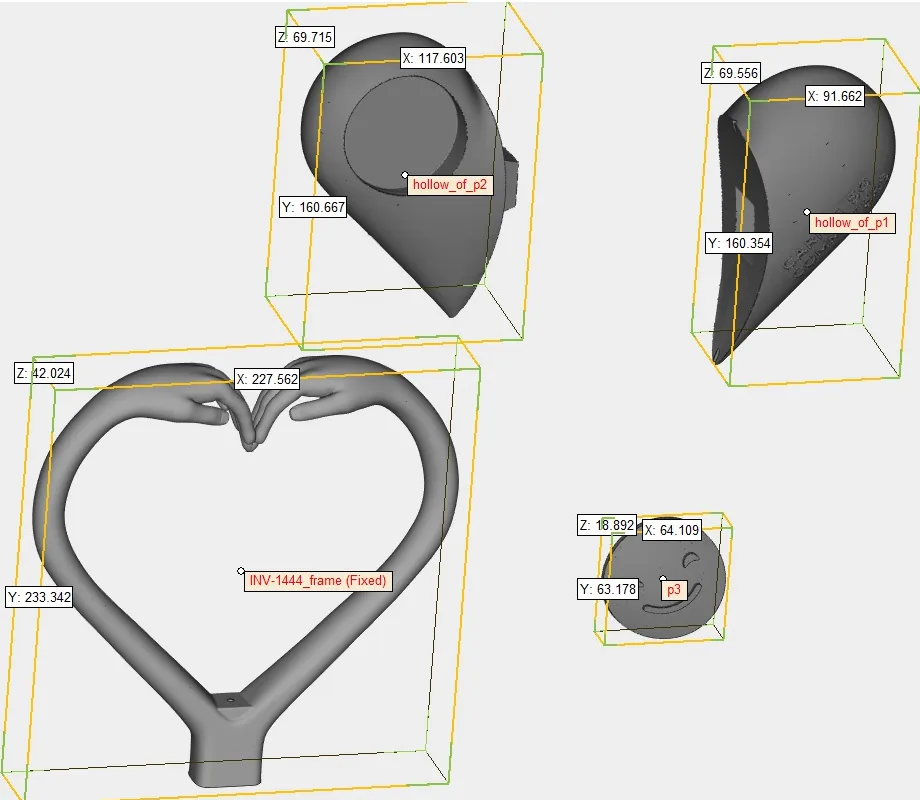 Screen view of the Partners Award's print files: the frame of two hands, the two hollow halves of the heart and the smiling face disc, each with its measurements