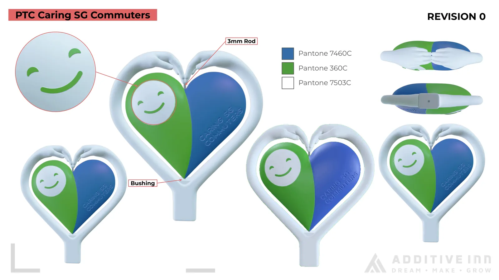 Revision 0 of the Partners Award: the green and blue heart inside a white frame of two hands, with the 3 mm rod and bushing marked, a green smile and three Pantone swatches