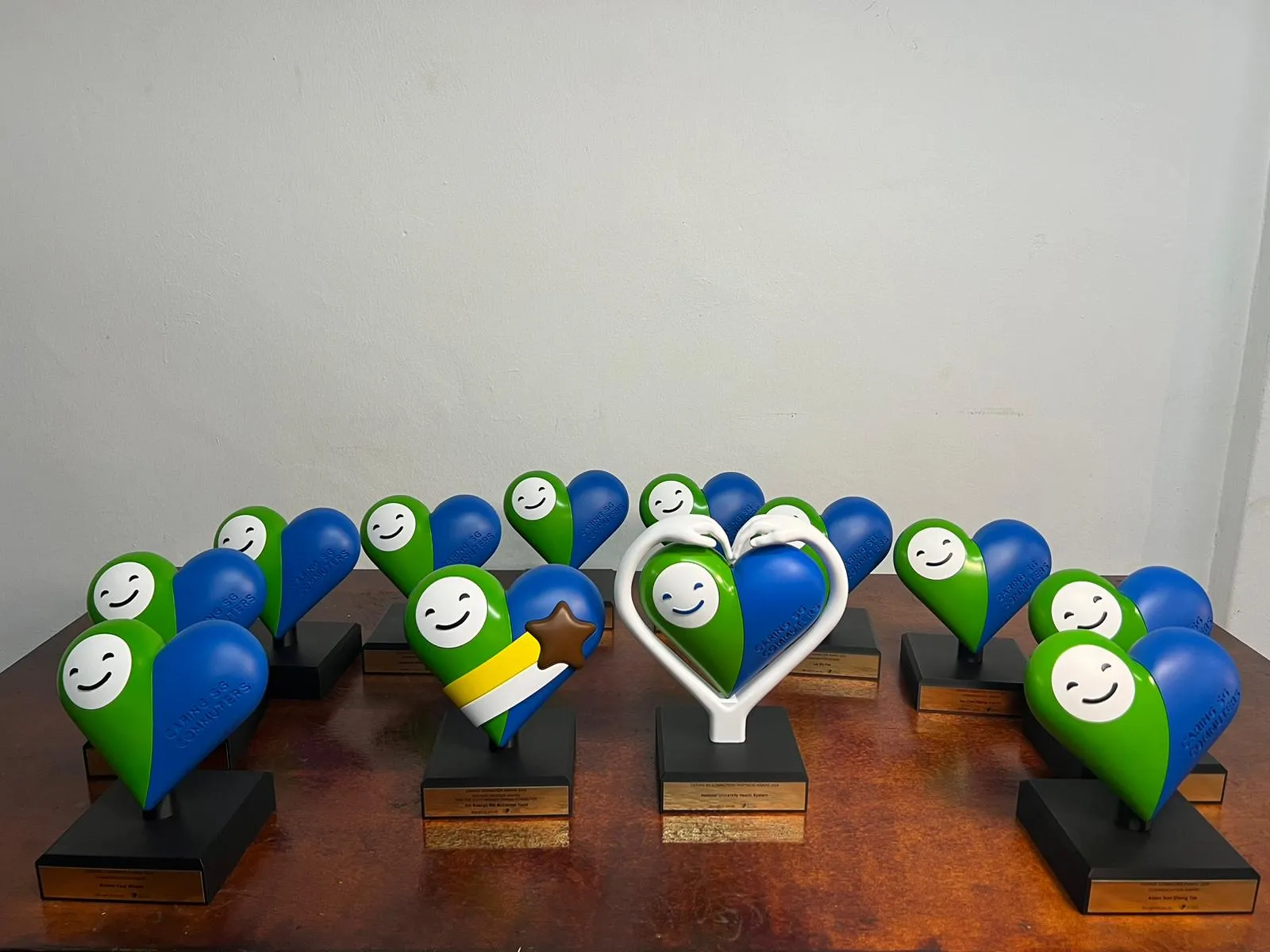 The 2024 batch on a wooden table: ten Commendation hearts, the Richard Magnus heart with its star and a Partners Award in its white frame, all on black bases with gold plates