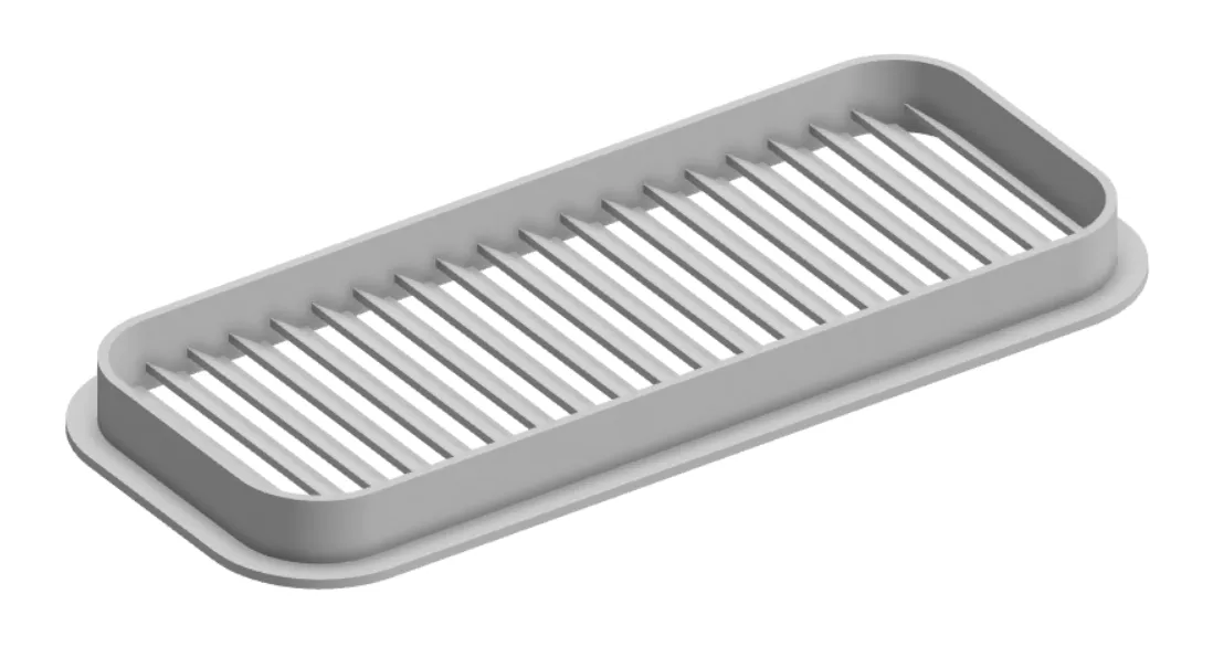 Render of the redesigned large vent: straight 1 mm slats at 8 mm spacing inside the rounded frame and flange