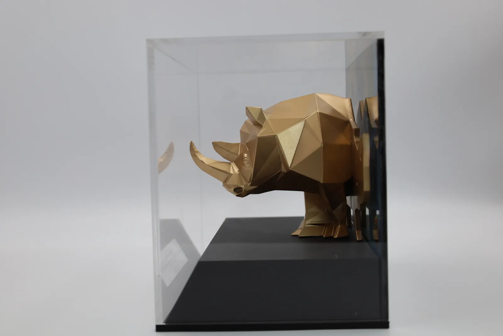 The gold rhino in profile inside the acrylic case, standing on the black base